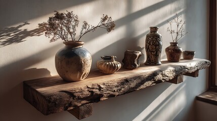 In the realm of interior design, a rustic wooden shelf emerges, bathed in the warm glow of sunlight, creating a serene and inviting atmosphere. Vases, meticulously crafted, find their place alongside