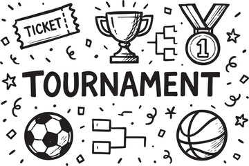 Exciting tournament design with sports icons, ticket, and trophy. Perfect for competition themes!
