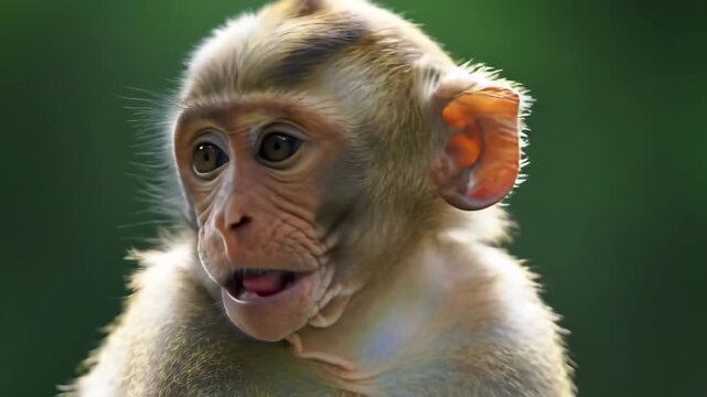 Adorable baby monkey with wide eyes and open mouth expressing surprise in a vibrant natural setting