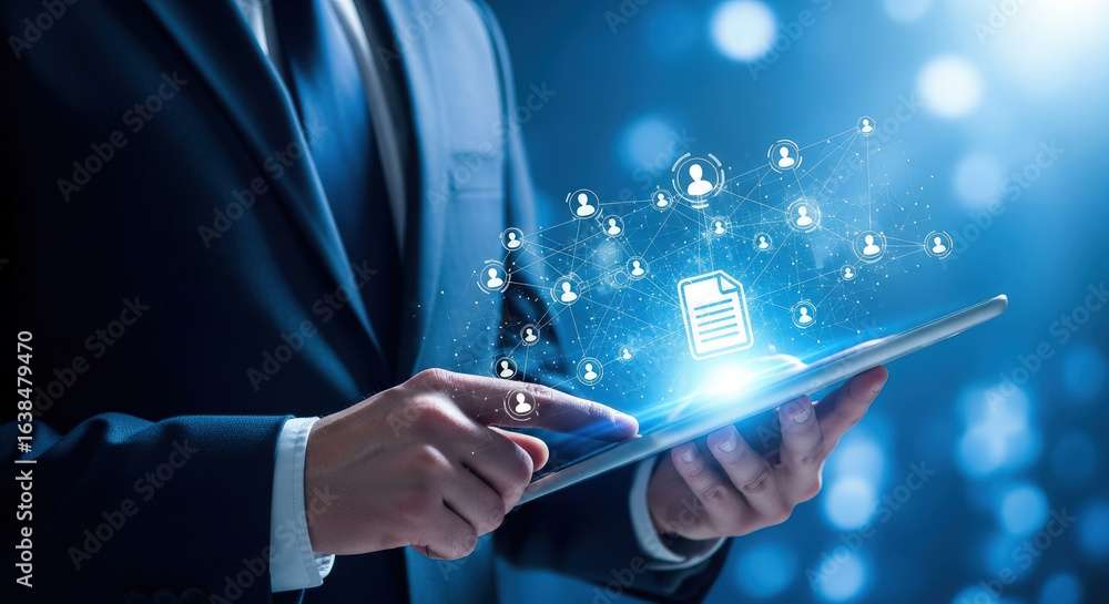 Poster digital document management on tablet: businessman using modern technology for file sharing, data tr
