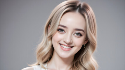 Fototapeta premium Blonde Woman Smiling and Posing Against a Gray Background