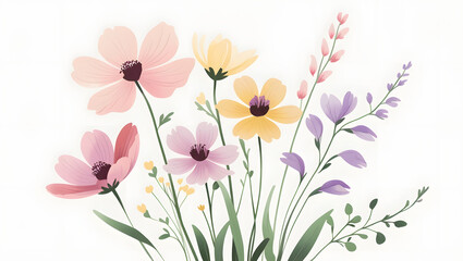 Wildflower Bouquet Clipart with Five Assorted Blossoms – Colorful Floral Arrangement Illustration on White Background for Creative Design Projects