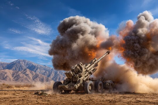 Powerful artillery vehicle launches a shell, releasing massive smoke and fire clouds during a live-fire exercise in a rugged desert terrain.
