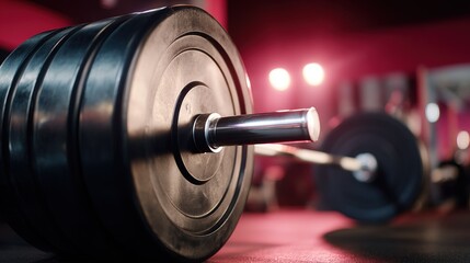 Fototapeta premium Close up of heavy weightlifting barbell with plates in gym weights fitness