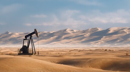 oil pumpjack operates in  vast undulating desert landscape under  partly cloudy blue sky