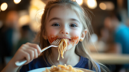 Young girl eating pasta with fork, red sauce on cheeks, candid moment