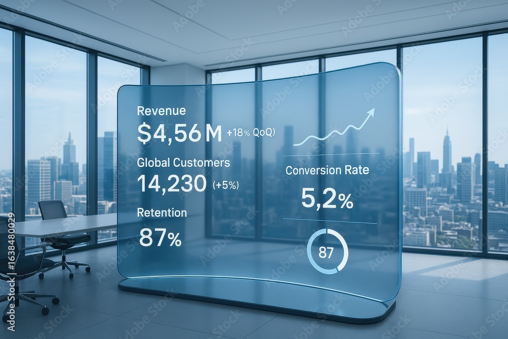 Aufkleber dynamic business dashboard displays revenue growth and customer metrics in a modern office setting