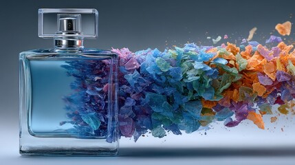 Perfume bottle with colorful, swirling spray