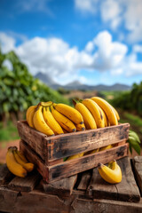 A rustic wooden crate filled with ripe bananas fruit against a blue sky countryside background.