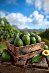 A rustic wooden crate filled with ripe avocados fruit against a blue sky countryside background.