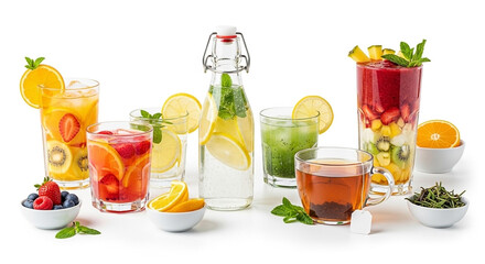 Fototapeta premium Fruity infused drinks. Variety of colors, garnished with fresh mint, on white backdrop
