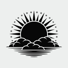 Stylized black sun rising behind clouds over water