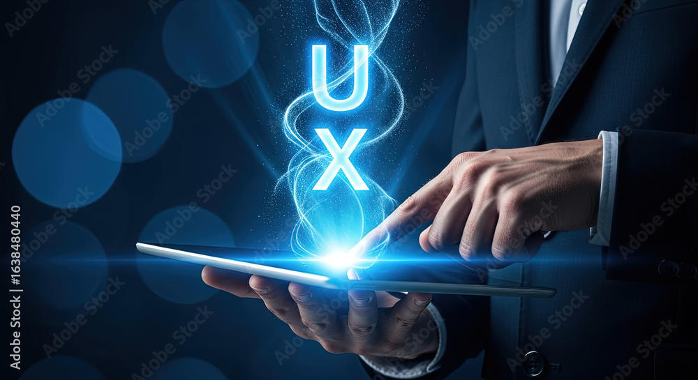 Fototapete ux design concept: man using tablet with glowing user experience interface. modern technology for bu