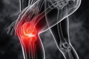A person's knee is in pain, and the image is a close up of the knee