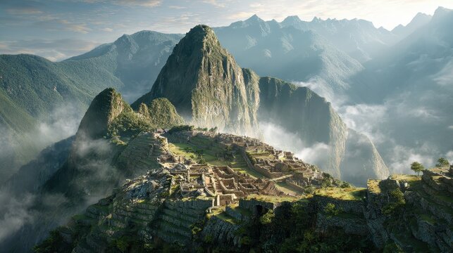Majestic Machu Picchu sunrise, Andes mountains, Peru, travel poster