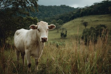 A single, pale white cow grazes in a grassy meadow, with a backdrop of lush green hills and trees