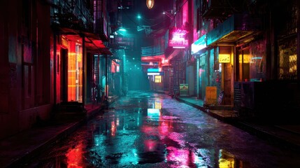 Fototapeta premium Neon-lit alleyway, night rain, city, reflections, cyberpunk backdrop, video game