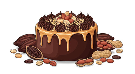 Chocolate sensation cake with creamy caramel, cocoa, and peanut toppings