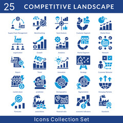 Competitive Landscape icon set collection in solid glyph style. an icon pack contain  organization, growth, analytics, market segment, network, report, trend, innovation, strategy