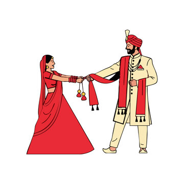 Minimal Hindu Wedding Bride Playfully Tugging Groom Stole Vector Illustration