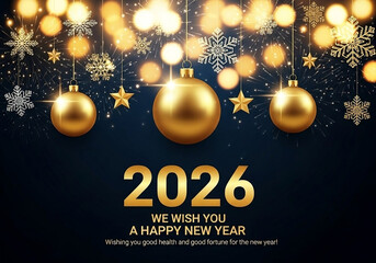 A celebratory image with a "2026 We Wish You A Happy New Year" message. It features golden ornaments, stars, and snowflakes hanging amidst shimmering bokeh lights and fireworks on a dark background.