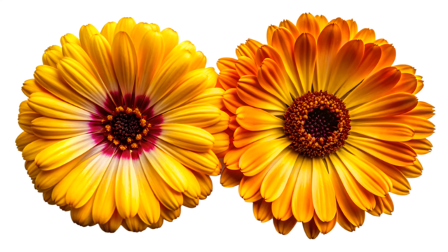 Two vibrant orange and yellow daisy like flowers with dark centers against a stark black background
