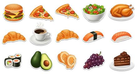 Various cartoon-styled food items burger, pizza, salad, chicken, croissants, coffee, sushi, fruits