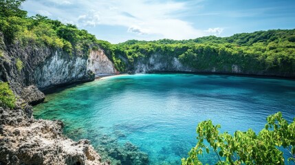 Turquoise water cove nestled within lush tropical cliffs.