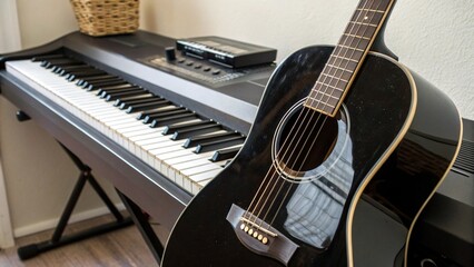Fototapeta premium A black acoustic guitar rests beside a digital piano keyboard in a room. A wicker basket is visible in the background