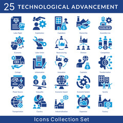 Fototapeta premium Technological Advancement icon set collection in solid glyph ypstyle. an icon pack contain restructuring, division, competition, cottage, urbanization, innovation, capitalist, transformation