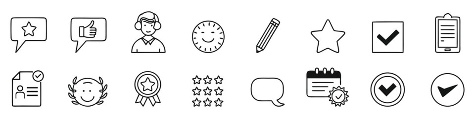 Collection of black and white hand drawn icons for feedback and evaluation rating