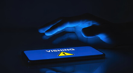 Vishing Scam Alert on Mobile Phone: Hand Reaching for Device Displaying Warning. Cyber Security Threat, Fraud Prevention, and Online Safety Concept