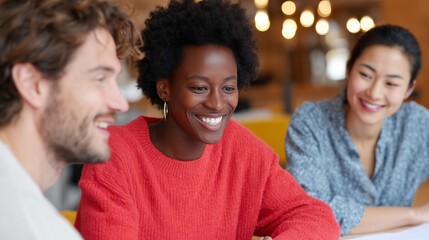African American woman in red sweater smiles while engaged in conversation with two friends, creating a warm and inviting atmosphere in a modern workspace with soft lighting