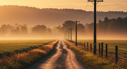 A dirt road stretches through a misty field with power lines and trees in the distance at sunrise