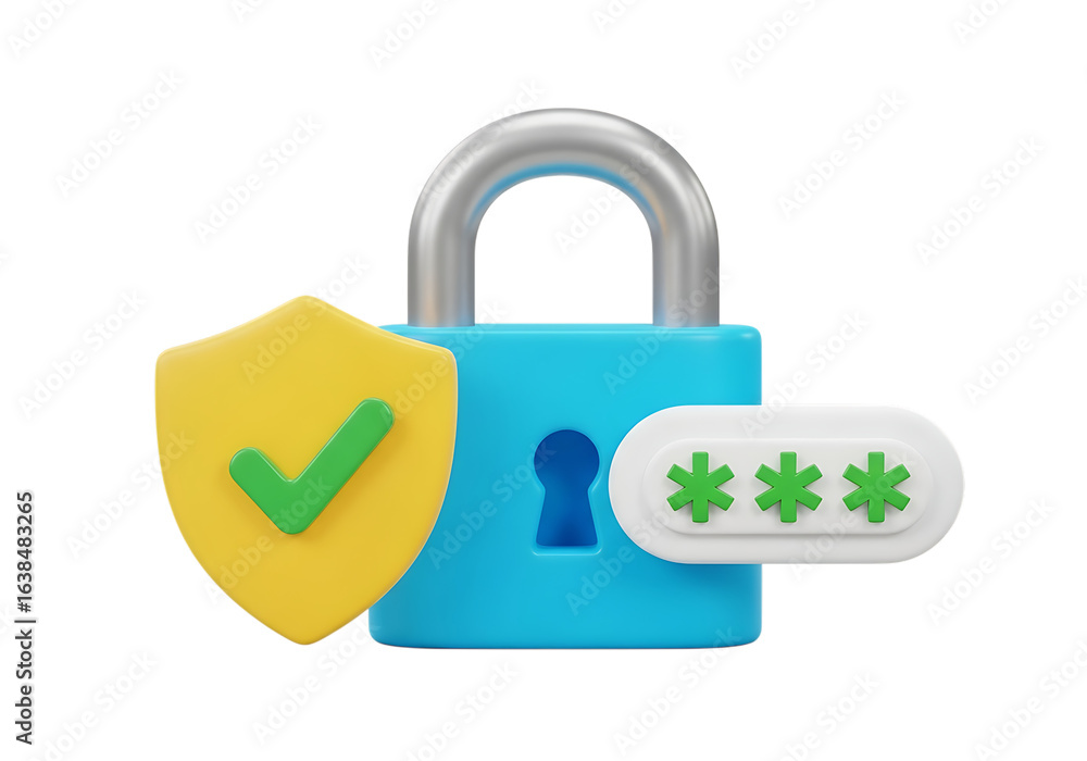 Poster secure digital lock with shield and password symbols isolated on transparent background