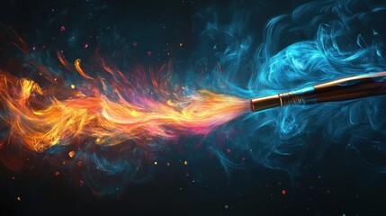 A paintbrush creating abstract fire and water effects in a dynamic composition
