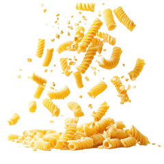 Spiral pasta falling on a pile of pasta against a black background
