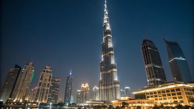 Dubai skyline view at night, tall buildings illuminated against dark blue sky