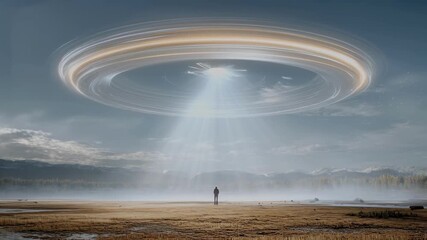A person standing on a misty field under a massive glowing UFO emitting bright beams of light in a mountainous landscape. 4K video