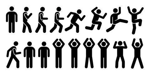 Stick figure exercise poses and animated actions showcase dynamic physical movements illustration