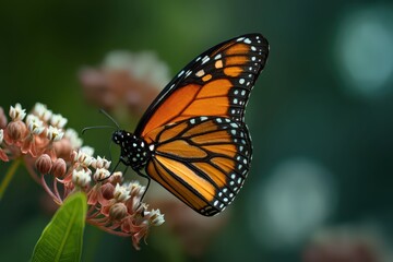 Naklejka premium Monarch butterfly feasting on milkweed, vibrant garden setting. Potential use nature photography