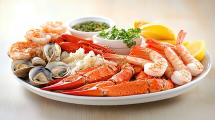 Fresh Seafood Platter with Shrimp, Crab, Clams, and Lemon Wedges