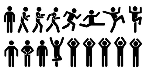 Stick figure exercise poses and animated actions showcase dynamic physical movements illustration