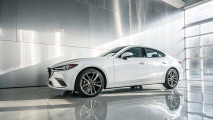 White sedan on glossy floor with bright light reflecting off the metallic background
