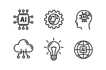 AI Technology Icons Cloud Gear Brain and Global Network Vector Set