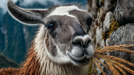 Obraz premium Llama or lama in Machu Picchu eating grass.