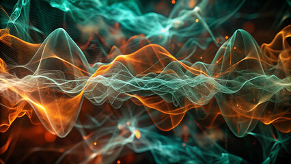 Obraz premium Abstract swirling waves of orange and teal, glowing on a dark background