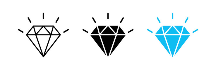 Diamond icons in outline, solid, and sparkling variations, representing gemstone, luxury, wealth, jewelry, and precious stone concepts on a white background.