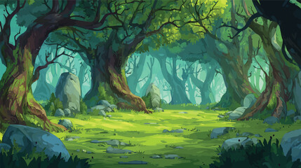 Enchanted forest clearing with ancient trees and mossy ground
