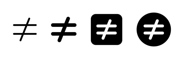 Obraz premium Not equal sign icons in outline, solid, rounded square, and circle variations, representing mathematical inequality, comparison, and logic concepts.